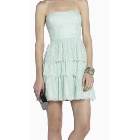 BCBG MAXAZRIA LILAH TIERED LACE STRAPLESS DRESS MSRP $368 NWOT Opaline Green - Picture 1 of 6